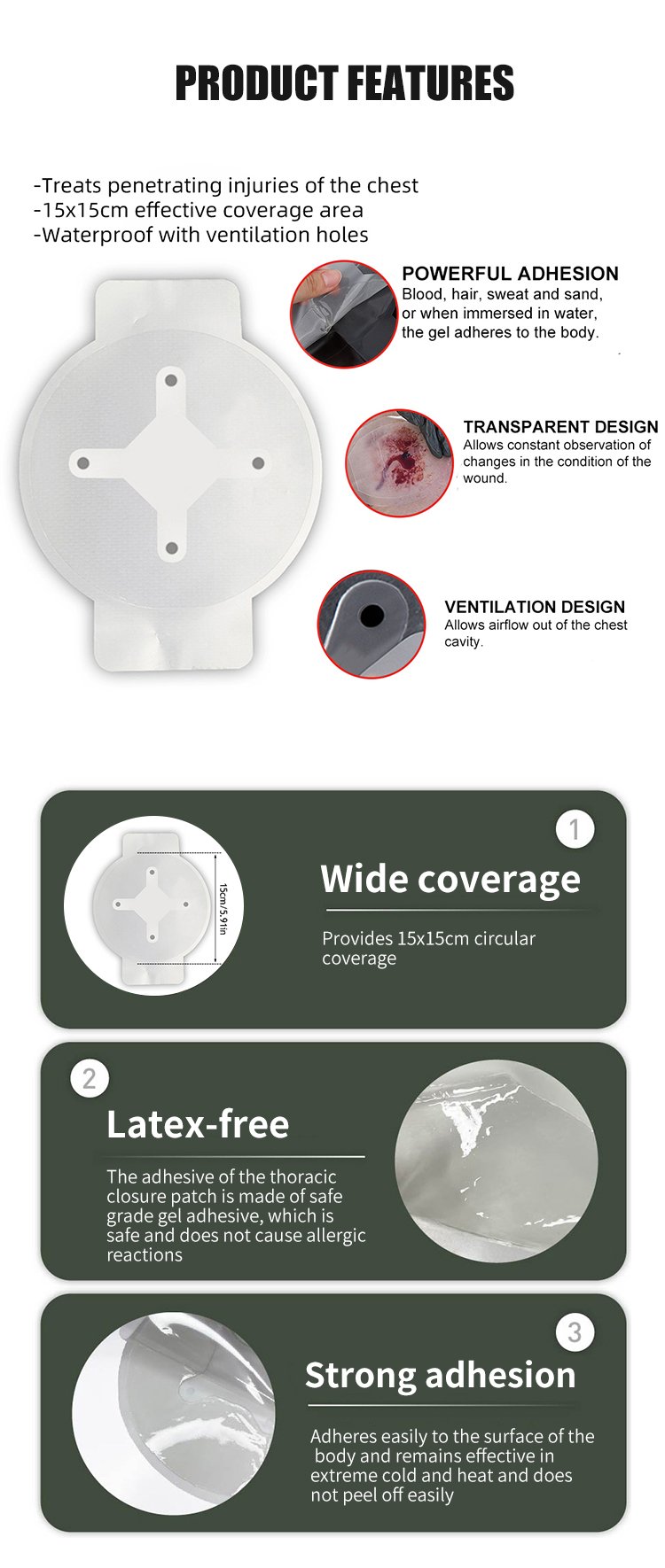 First Aid Wound Dressing 4 Holes Vented Emergency Chest Seal With Vent