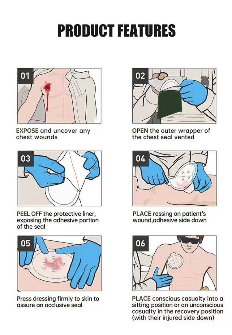 First Aid Wound Dressing 4 Holes Vented Emergency Chest Seal With Vent