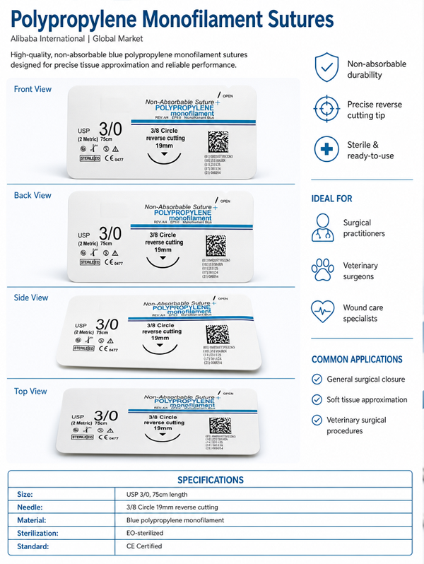 Factory direct sales of 100% Medical Grade Polypropylene Non-absorbable Sterile Surgical Sutures, Ce Certified, 14mm-60mm Needle Length. For manufacturer.