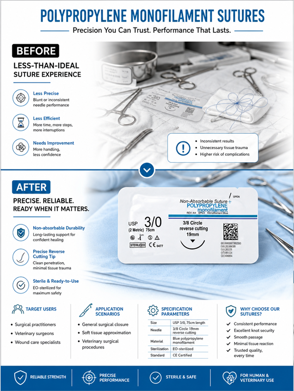 Factory direct sales of 100% Medical Grade Polypropylene Non-absorbable Sterile Surgical Sutures, Ce Certified, 14mm-60mm Needle Length. For manufacturer.